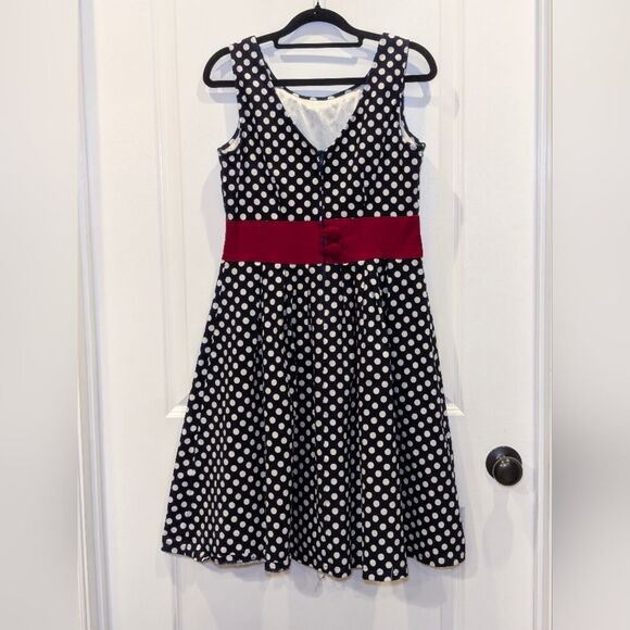 Miusol Navy Polka Dot Dress Large Red Waist Summer Party New Nautical July 4th - Picture 4 of 9